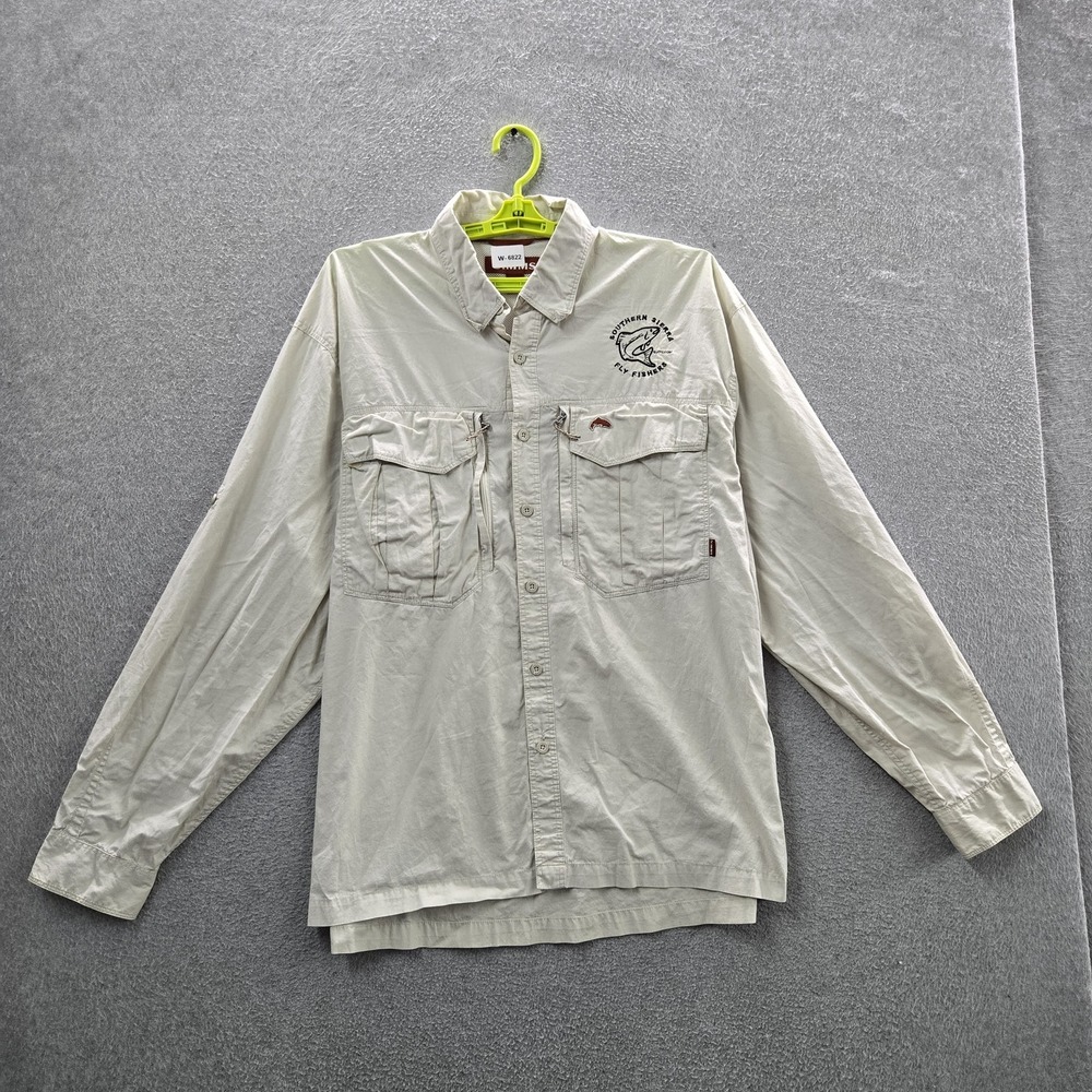 Simms Men Button Up Shirt XL Beige Embroidered Fish Logo Fishing Hiking Mesh
